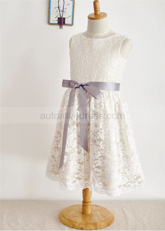 Ivory Lace Champagne Lining Knee Length Flower Girl Dress